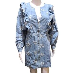 Floral Embroidered Long Dolman Sleeve Denim Dress